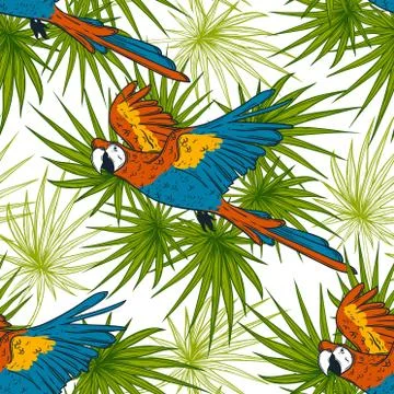 Seamless pattern with macaw parrots and palm leaves. Stock Illustration