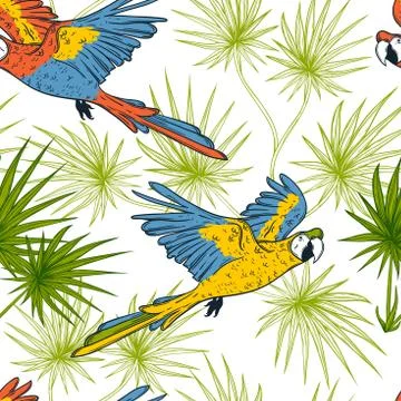 Seamless pattern with macaw parrots and palm leaves. Stock Illustration