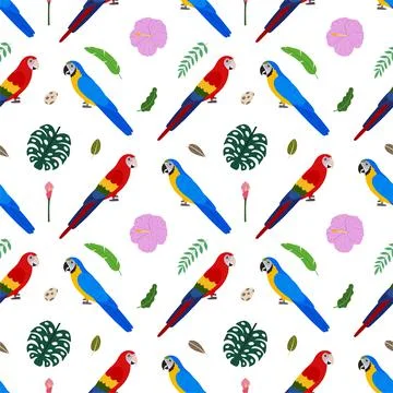 Seamless pattern with macaw parrots Ara and tropical leaves and flowers Illustrazione stock