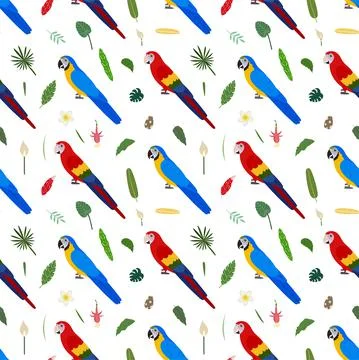Seamless pattern with macaw parrots red and blue, tropical leaves and flowers. Illustrazione stock