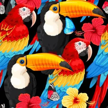 Seamless pattern macaws and toucans Stock Illustration