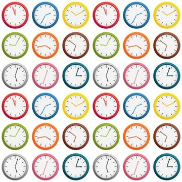 Seamless pattern made of colorful clock showing different time, isolated on w Stock Illustration