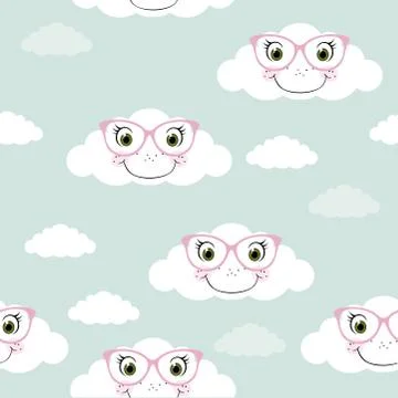 Seamless pattern made of cute smiling clouds character with spectacles and fr Stock Illustration