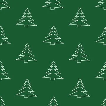 Seamless pattern made from doodle abstract fir trees on green background. Vec Stock Illustration