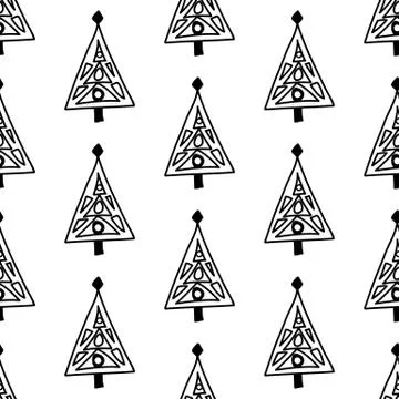 Seamless pattern made from doodle abstract fir trees. Isolated on white backg Stock Illustration