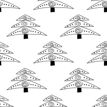 Seamless pattern made from doodle abstract fir trees. Isolated on white backg Stock Illustration