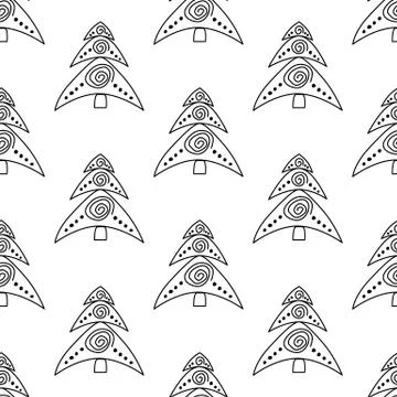 Seamless pattern made from doodle abstract fir trees. Isolated on white backg Stock Illustration