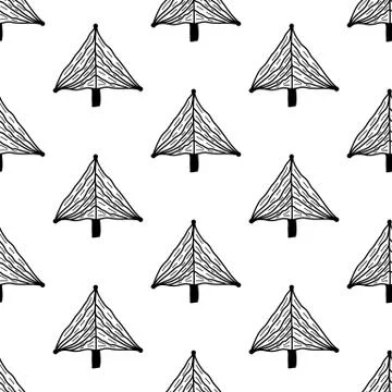 Seamless pattern made from doodle abstract fir trees. Isolated on white backg Stock Illustration