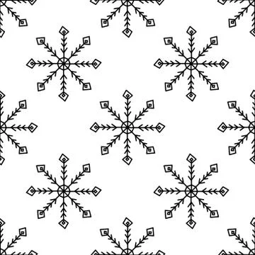 Seamless pattern made from doodle abstract snowflakes. Isolated on a white ba Stock Illustration