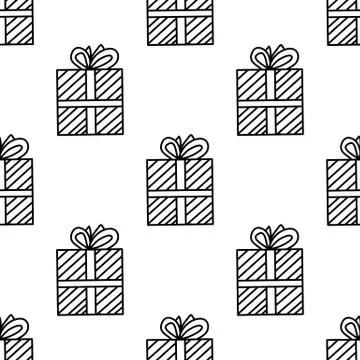 Seamless pattern made from doodle gift boxes with bow. Isolated on white back Stock Illustration