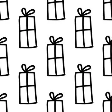 Seamless pattern made from doodle gift boxes with bow. Isolated on white back Stock Illustration