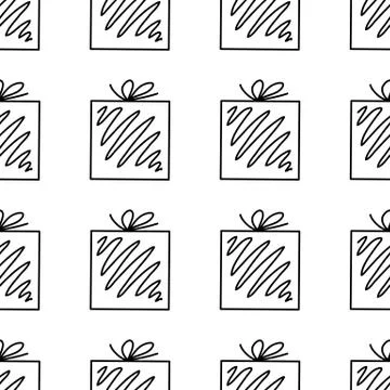Seamless pattern made from doodle gift boxes with bow. Isolated on white back Stock Illustration