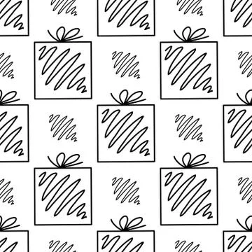 Seamless pattern made from doodle gift boxes with bow. Isolated on white back Stock Illustration
