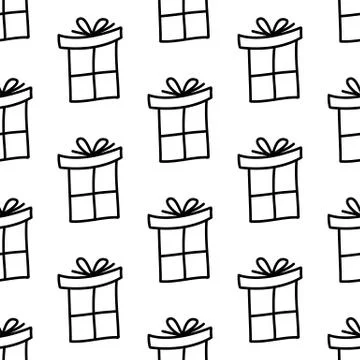 Seamless pattern made from doodle gift boxes with bow. Isolated on white back Stock Illustration
