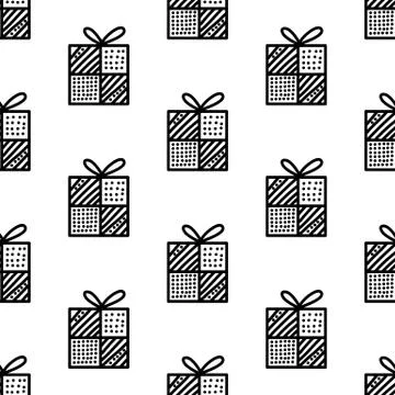 Seamless pattern made from doodle gift boxes with bow. Isolated on white back Stock Illustration