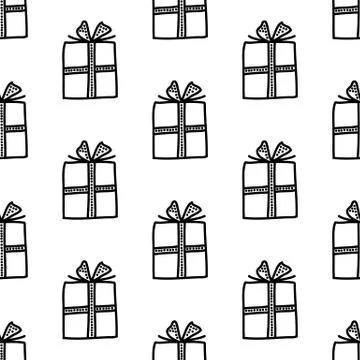 Seamless pattern made from doodle gift boxes with bow. Isolated on white back Stock Illustration