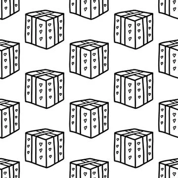 Seamless pattern made from doodle gift boxes with bow. Isolated on white back Stock Illustration