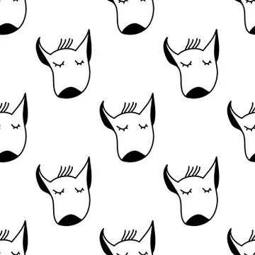 Seamless pattern made with doodle head of bull terrier dog with closed eyes.  Stock Illustration