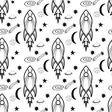 Seamless pattern made with doodle rockets, planets, stars, comets. Isolated o Stock Illustration