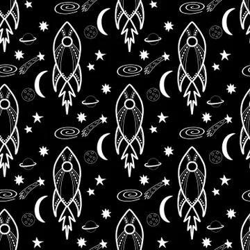 Seamless pattern made with doodle rockets, planets, stars, comets, planets. V Stock Illustration