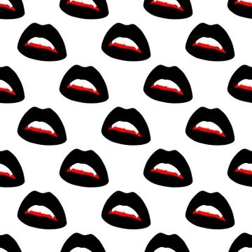 Seamless pattern made from flat black open lips with vampire fangs. Isolated  Stock Illustration