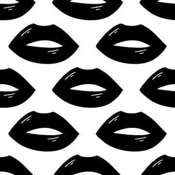 Seamless pattern made from flat doodle black open lips with flare. Isolated o Stock Illustration