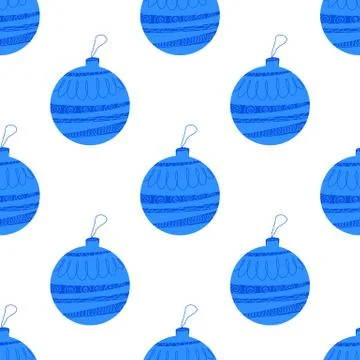 Seamless pattern made frome hand drawn blue Christmas tree ball with doodle e 스톡 일러스트