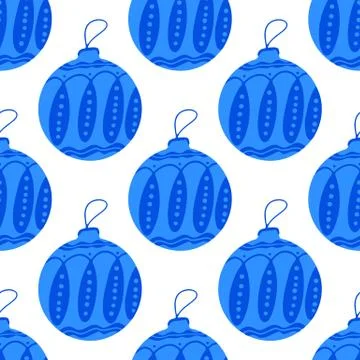 Seamless pattern made frome hand drawn blue Christmas tree ball with doodle e Stock Illustration