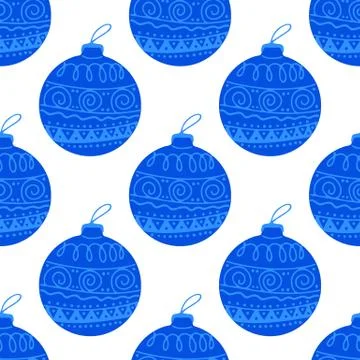 Seamless pattern made frome hand drawn blue Christmas tree ball with doodle e Stock Illustration