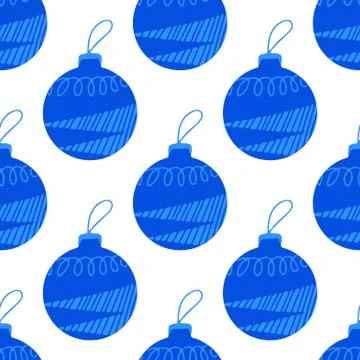 Seamless pattern made frome hand drawn blue Christmas tree ball with doodle e Stock Illustration