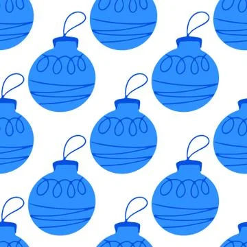 Seamless pattern made frome hand drawn blue Christmas tree ball with doodle e Stock Illustration