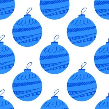 Seamless pattern made frome hand drawn blue Christmas tree ball with doodle e Stock Illustration
