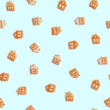 Seamless pattern made of gingerbread houses on blue background Stock Photos