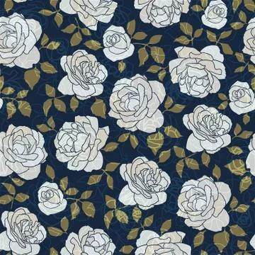 Seamless pattern made of hand drawn light roses on indigo background Stock Illustration