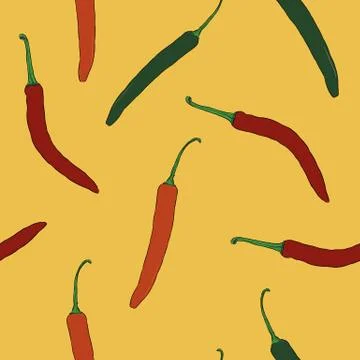 Seamless pattern made of hand drawn colorful spicy chili peppers. Stock Illustration