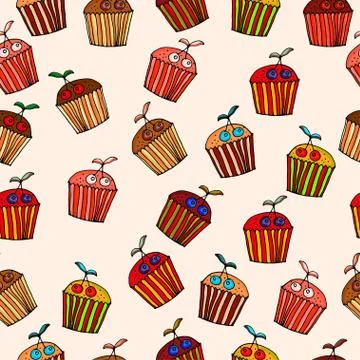 Seamless pattern made of hand drawn cupcakes. Stock Illustration