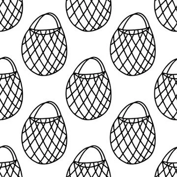 Seamless pattern made from hand drawn doodle string cotton eco bags. Isolated Stock Illustration