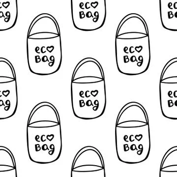 Seamless pattern made from hand drawn doodle cotton eco bags. Isolated on whi Stock Illustration