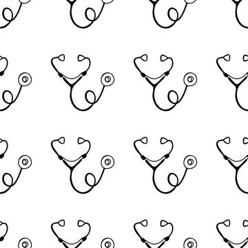 Seamless pattern made from hand drawn stethoscope illustration. Isolated on w Stock Illustration