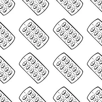 Seamless pattern made from hand drawn pills blister illustration. Isolated on Stock Illustration