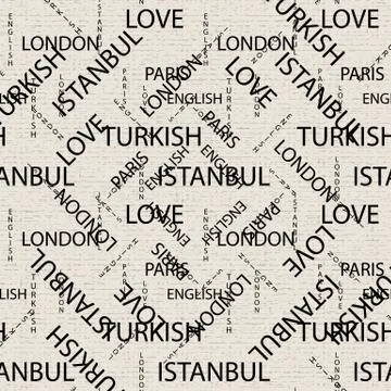 Seamless pattern made of handwritten text. English London Paris Turkish words 스톡 일러스트