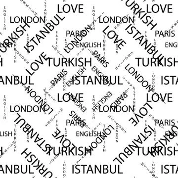 Seamless pattern made of handwritten text. English London Paris Turkish words 스톡 일러스트