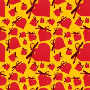 Seamless pattern made of red empty tags in a heart shape with tied ribbon bow Stock Photos