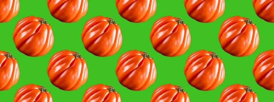 Seamless Pattern made with red tomato on green color background. Stock Illustration