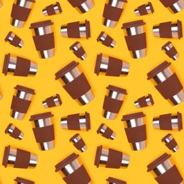 Seamless pattern made of reusable coffee cup on a yellow background. 스톡 사진