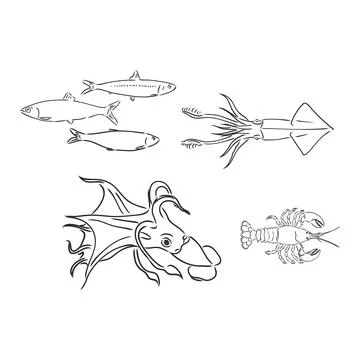 Seamless pattern made with underwater plants and animals. Hand drawn doodle m Stock Illustration