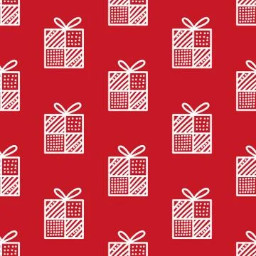 Seamless pattern made from white doodle gift boxes with bow on red background Stock Illustration