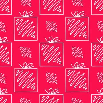 Seamless pattern made from white doodle gift boxes with bow on pink backgroun Stock Illustration