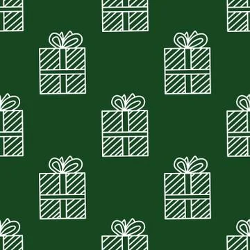 Seamless pattern made from white doodle gift boxes with bow on red background Stock Illustration