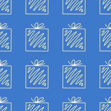 Seamless pattern made from white doodle gift boxes with bow on red background Stock Illustration